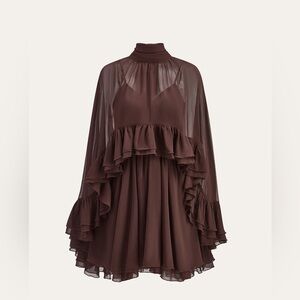 CoMMENSE Semi-Sheer Chiffon Ruffle Dress With Outer Cape COLOR - Dark Brown NWT